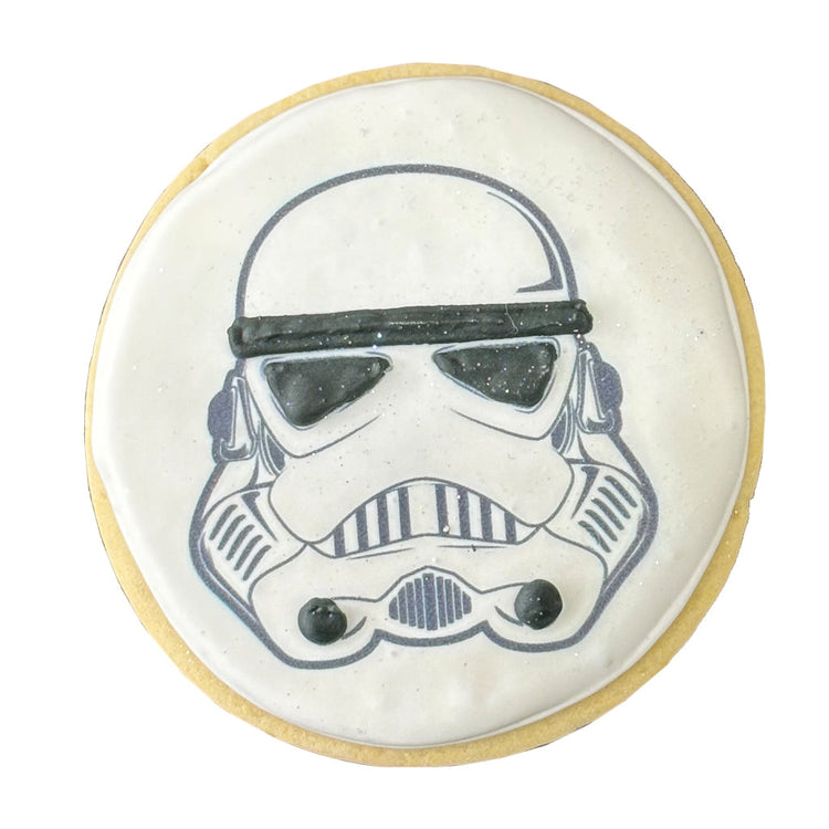 Star Wars cookie with a white Stormtrooper helmet design.
