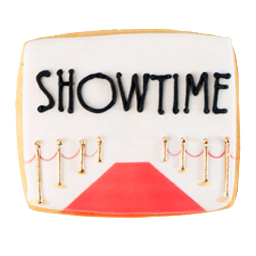 Academy Awards cookie with Showtime text and red carpet.