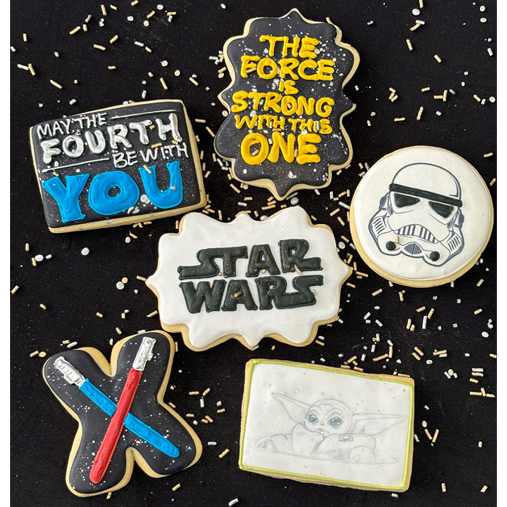 Assorted Star Wars cookies with themed icing designs.