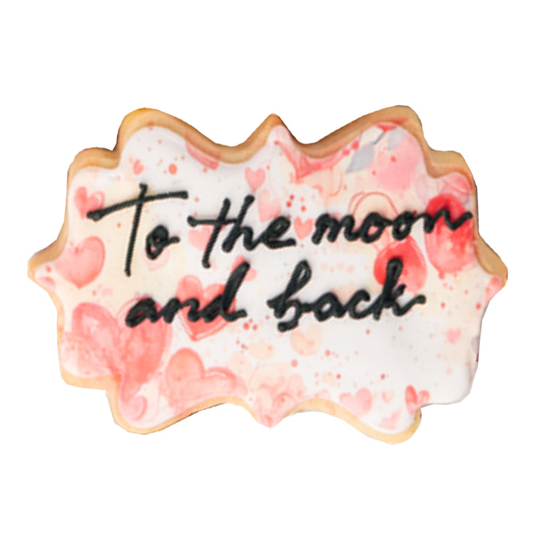 Valentine butter cookie with pink hearts and black text.