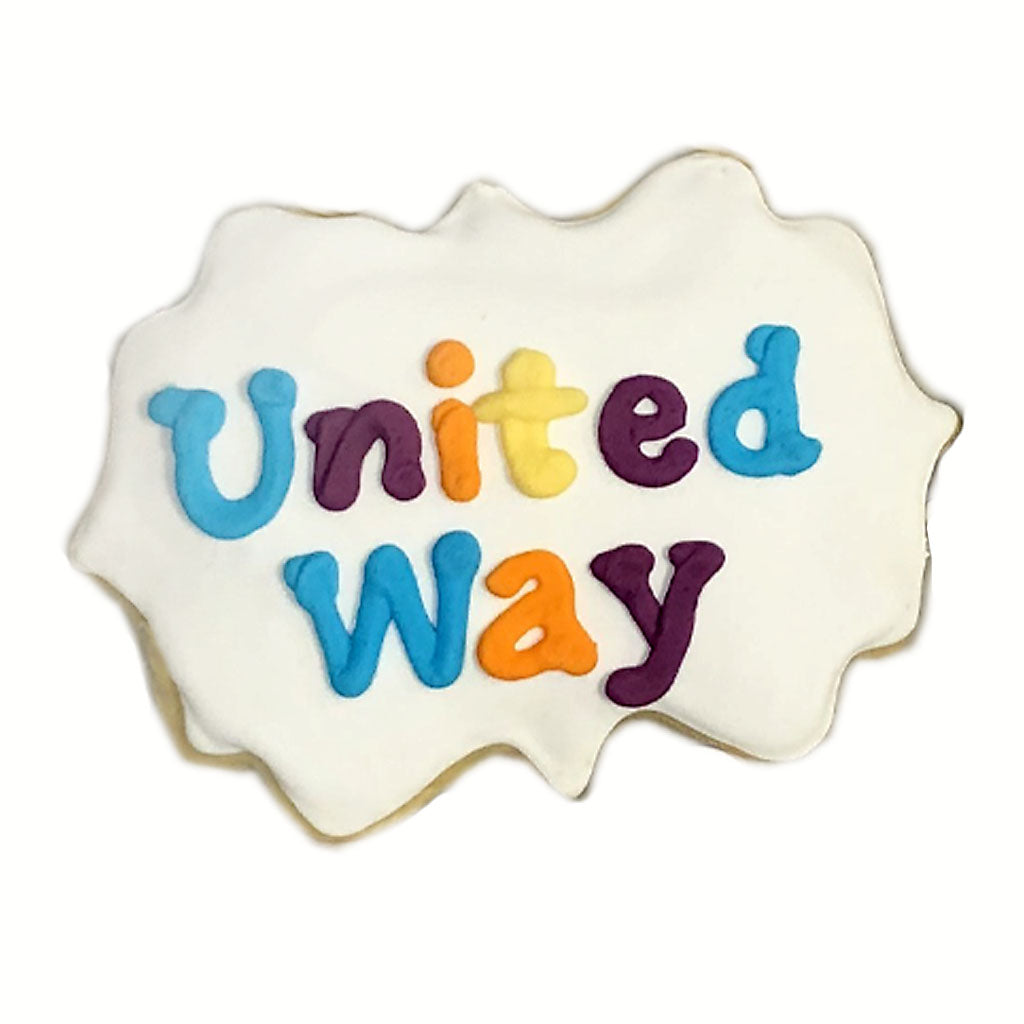 United Way cookie with colorful icing on white frosting.
