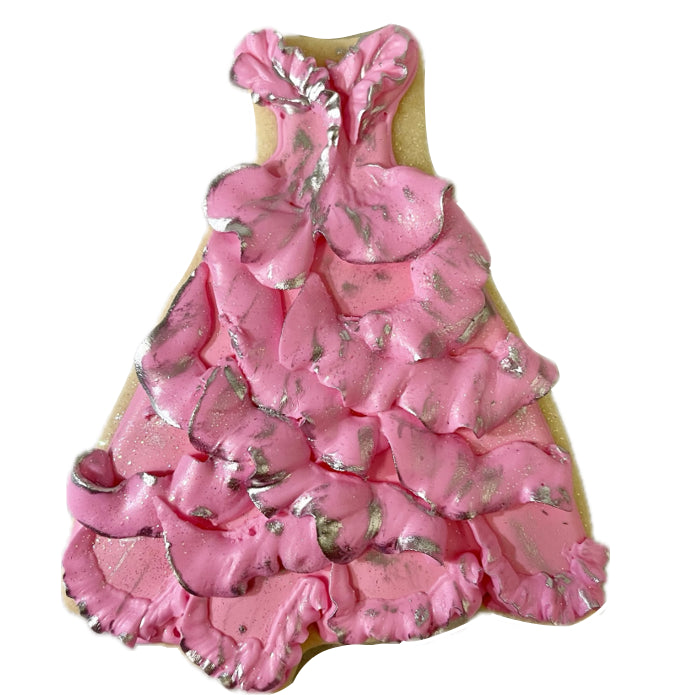 Princess gown cookie with pink ruffles and silver accents