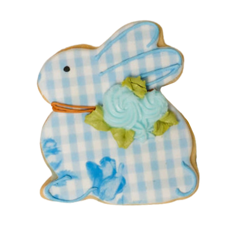 Easter butter cookie shaped like a blue gingham bunny.