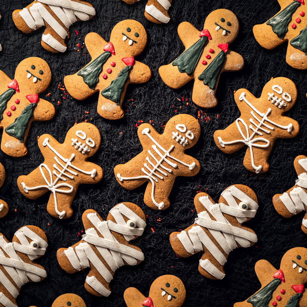 Halloween GingerPeople decorated as mummies, vampires, and skeletons.