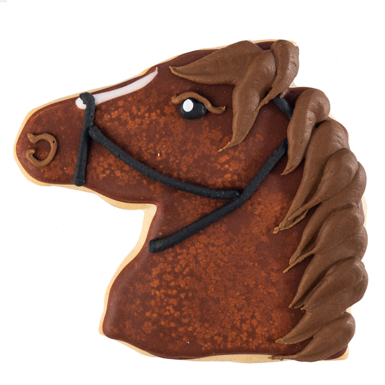 Barnyard Bites horse-shaped cookie with brown icing