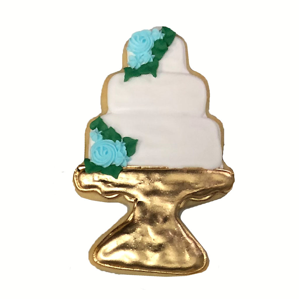 Floral wedding cake cookie on a gold stand