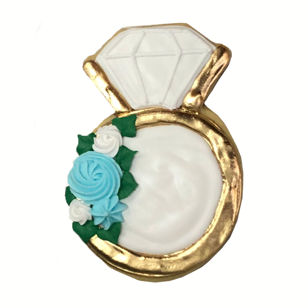 Floral wedding ring cookie with blue and white icing flowers