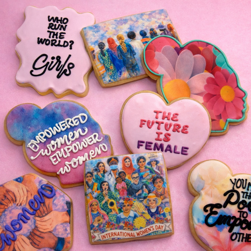 Assorted Women's History Month cookies with empowering designs.