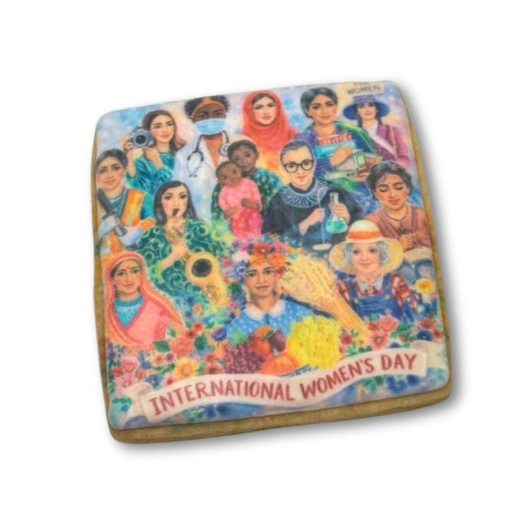 Women's History Month cookie with diverse portrait art.