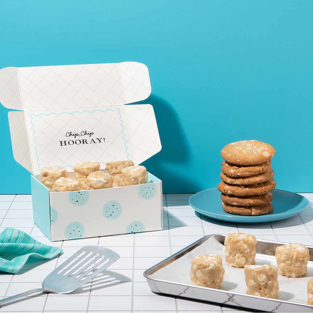 White Chocolate Macadamia Nut Dough in a patterned gift box