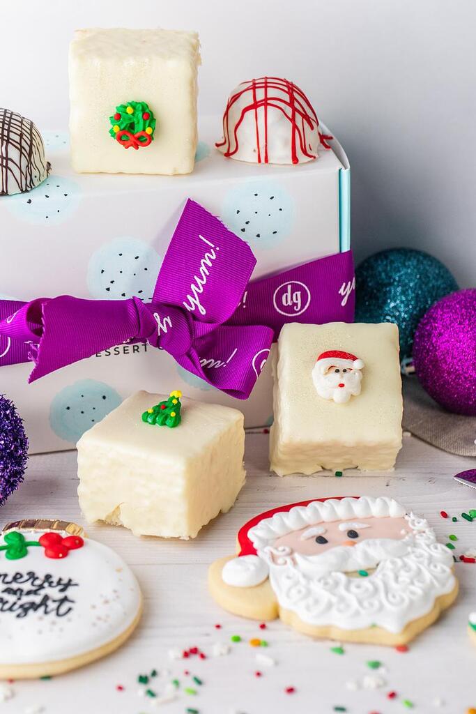 Christmas Petit Fours decorated with festive icing.