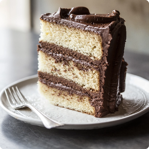 Slice of yellow cake with chocolate frosting on a plate