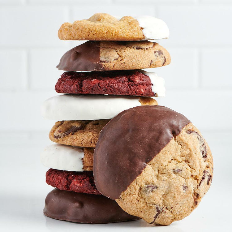 Stack of chocolate-dipped chocolate chunk cookies