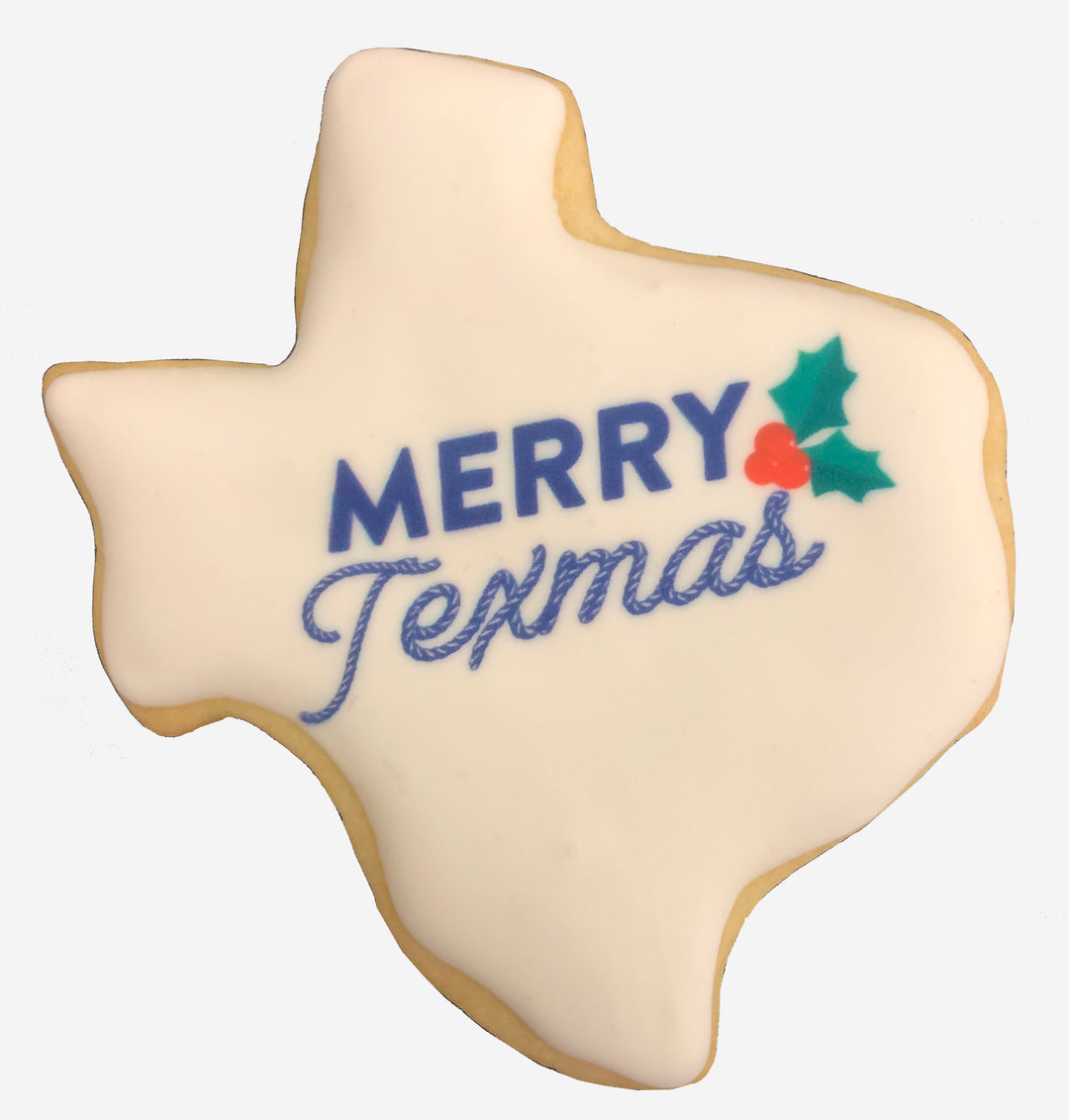Texas-shaped cookie with Merry Texmas text and holly design.
