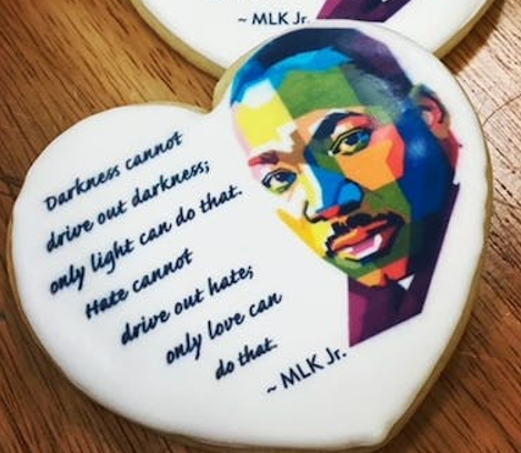 Heart-shaped photo cookie with MLK Jr. portrait and quote.