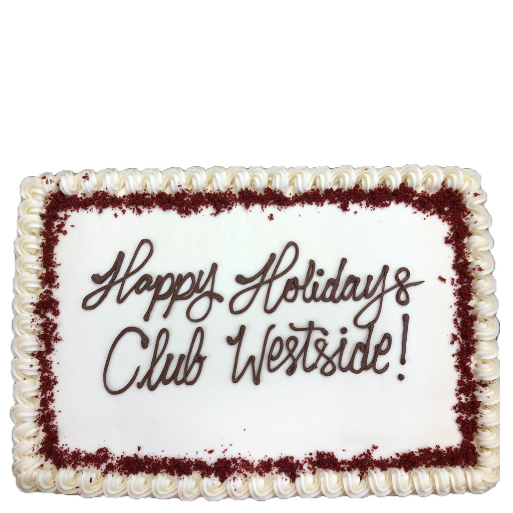 Red velvet sheet cake with white frosting and holiday message.